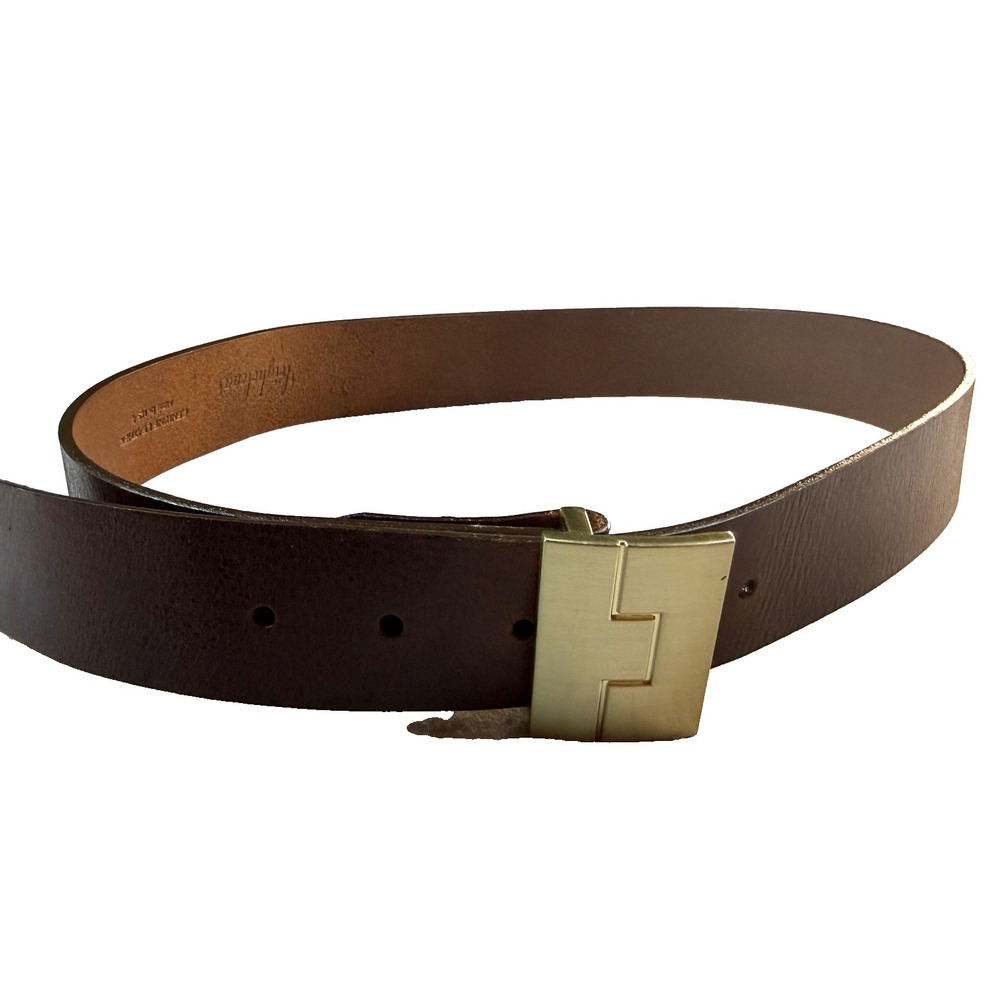 Leighelena Belt Womens 32 Brown Leather Gold Geometric Fashion Buckle USA